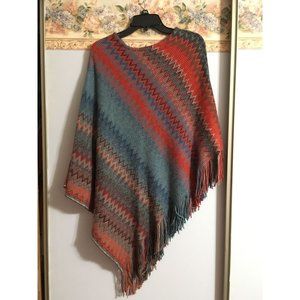 Ryan Michael One Size Colorful Asymmetrical Boho Sunset Chevron Fringe Poncho Kn